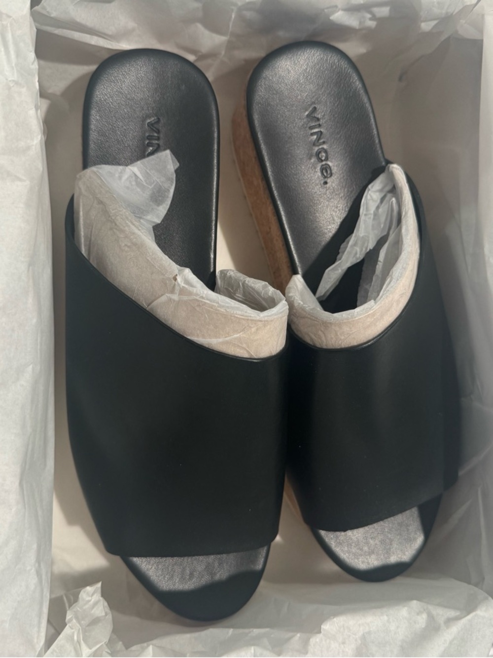 Vince Black Leather Cork Platform Slide